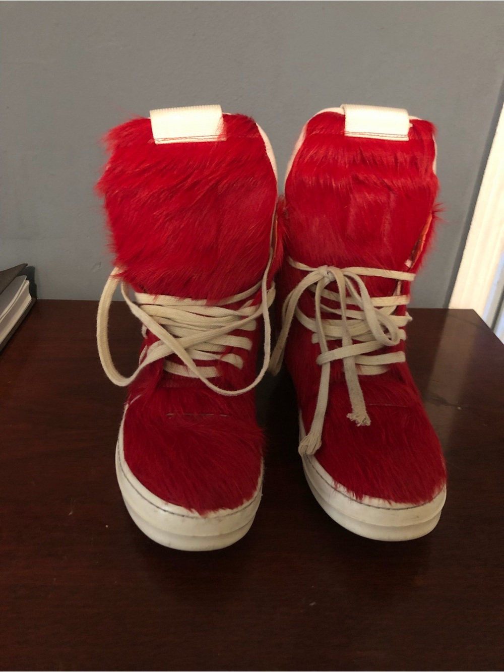 Rick Owens Red Fur High-Top Sneakers